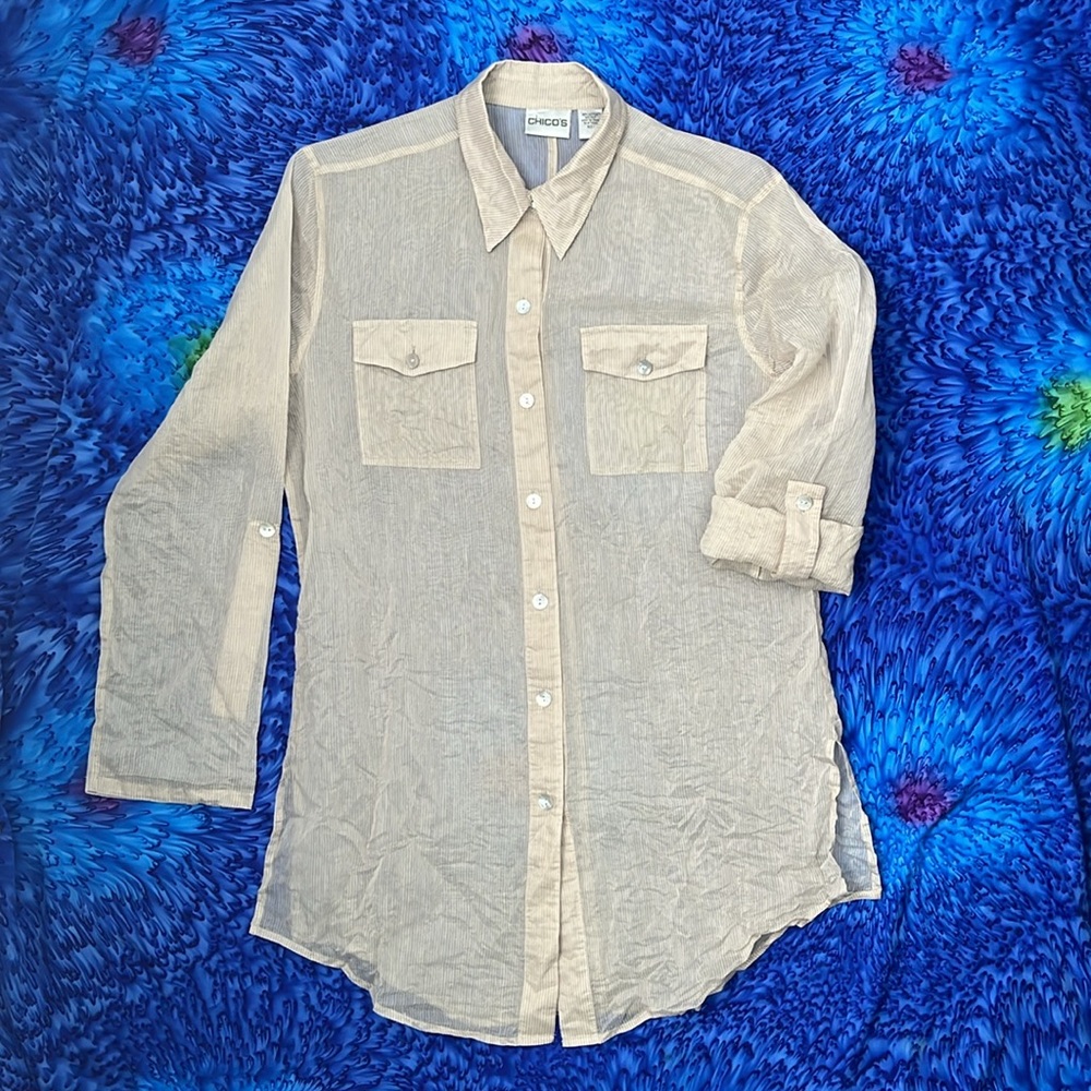 CHICO’S Sheer Cotton-Silk Tan Pin-Stripe Button-Up Shirt, Size '1' - Womens 8
